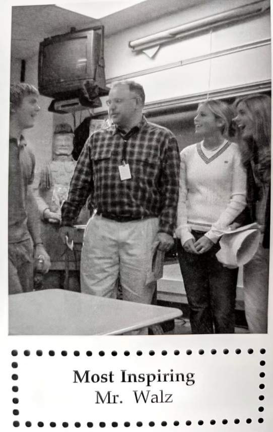 Black and white photo of Tim Walz as a high school teacher with a caption that reads "Most inspiring: Mr. Walz"